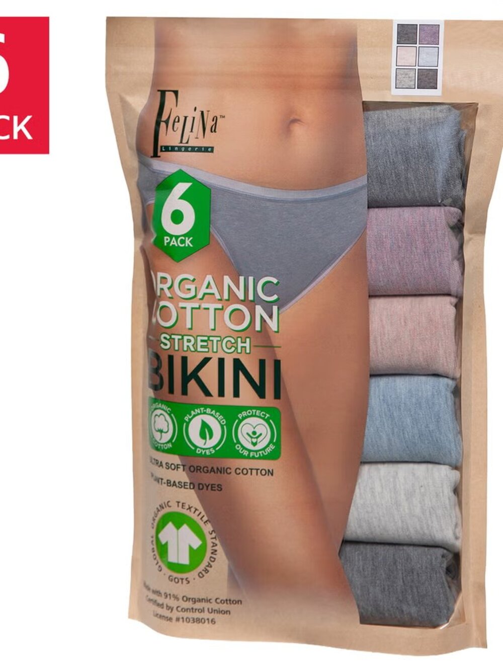 Felina Women's Organic Cotton Stretch Bikini Panties Underwear 6 Pack Large
